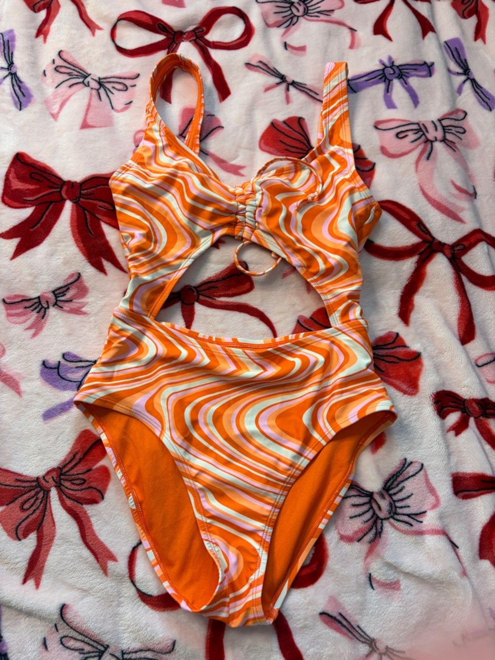 No Boundaries Orange Striped Cutout One-Piece Swimsuit